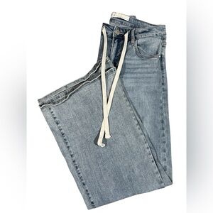 Risen Blue Wide Leg Flare Jeans with Drawstring Waist